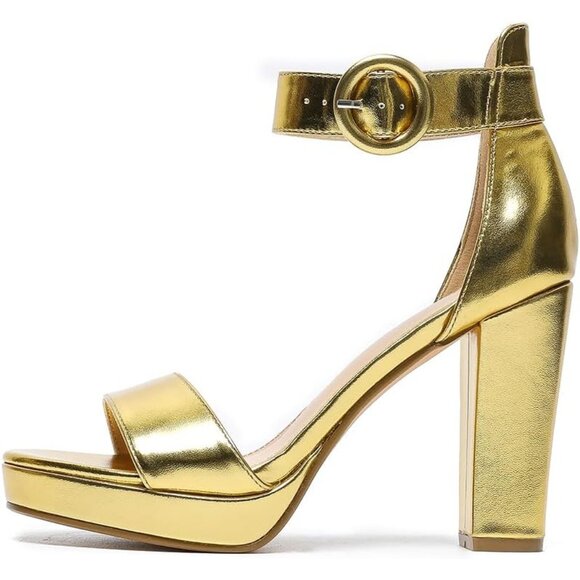 Amoji Women Pu-gold Faux Suede Open Toe High Heel Chunky Platform Sandals - Picture 2 of 7